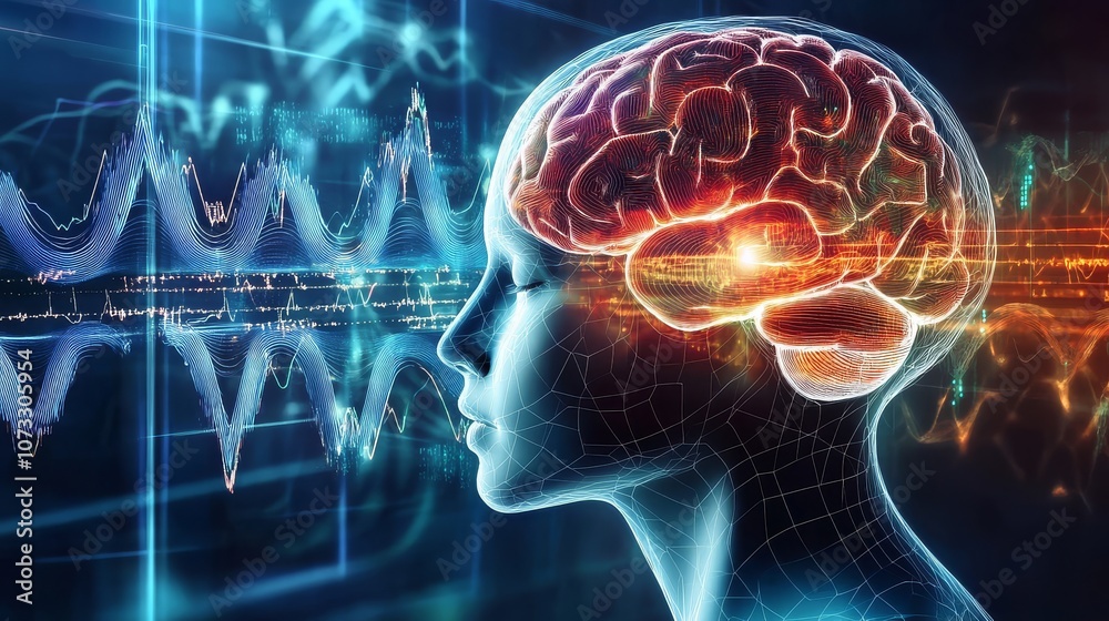 Digital illustration depicting a human head with brain activity. Digital illustration depicting a human head with brain activity.