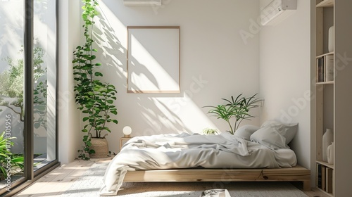 A serene white bedroom with large windows allows natural light to flood the room, creating a peaceful and airy atmosphere. The minimalist design enhances the calm, relaxing vibe of the space.