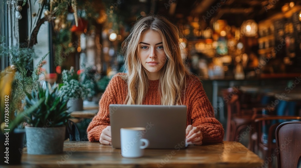 A young woman sits working at a cafe table with a laptop, one hand holding a cup of coffee, her face showing her determination in her work amidst a lively and relaxing atmosphere. A young woman sits working at a cafe table with a laptop, one hand holding a cup of coffee, her face showing her determination in her work amidst a lively and relaxing atmosphere.