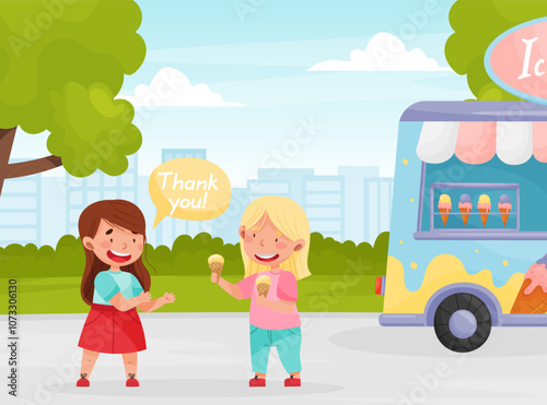 Polite Girl Character Share Ice Cream with Friend Having Good Manners Vector Illustration