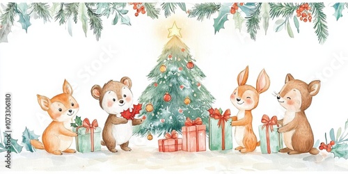 Cute woodland animals exchanging gifts under a glowing Christmas tree, magical and colorful watercolor scene