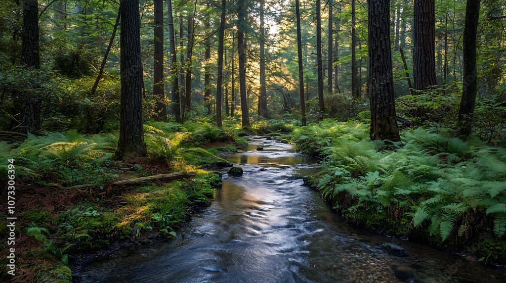 Tranquil Forest Stream with Sunbeams at Dawn