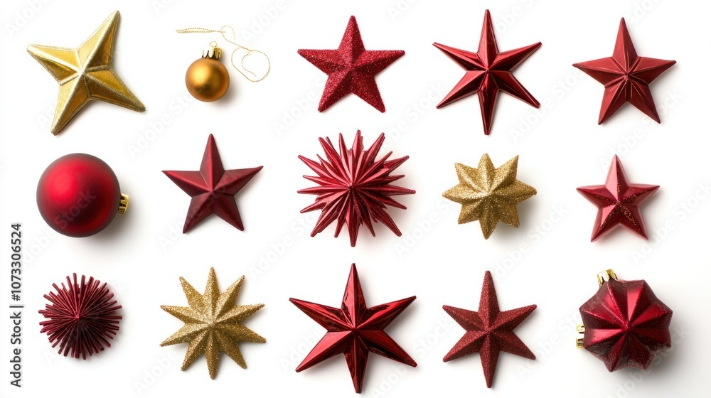 Obraz premium Flat lay of red and gold Christmas decor, including stars and baubles, isolated on white