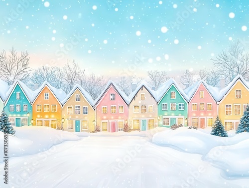 Magical winter landscape with pastelcolored houses and twinkling lights, fairytale Christmas vibe in watercolor