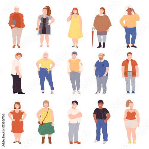 Body Positive People Character Standing Pose Big Vector Set