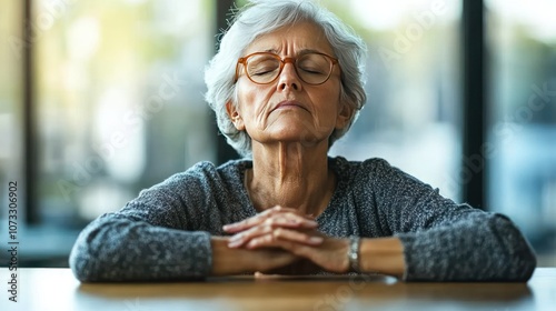 An elderly woman sitting with her eyes closed, her hands on the table in front of her Shows fatigue and exhaustion from hard work. The background is a bright room. photo