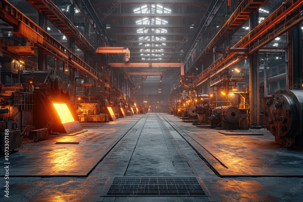 Industrial factory interior with glowing metal. This photo depicts a massive industrial facility, showcasing the production process of molten metal and the raw power of heavy machinery. Industrial factory interior with glowing metal. This photo depicts a massive industrial facility, showcasing the production process of molten metal and the raw power of heavy machinery.