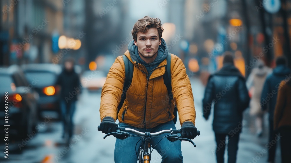 Focus on a young man riding a bicycle through a big city street, while people walk and cars pass by, the atmosphere is full of movement. Focus on a young man riding a bicycle through a big city street, while people walk and cars pass by, the atmosphere is full of movement.