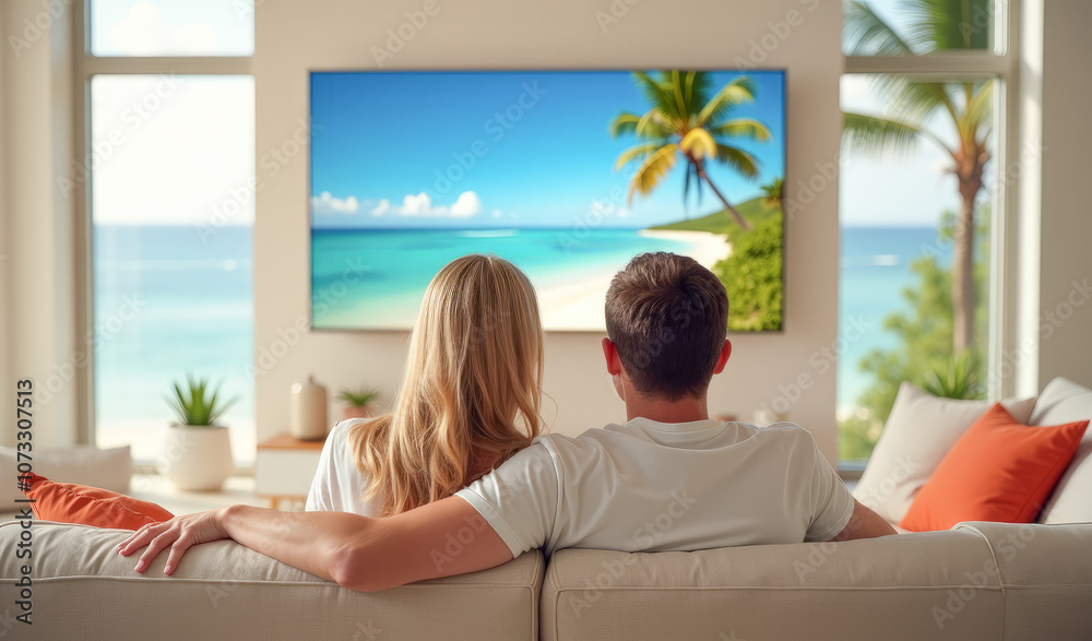 a young couple hugging on the couch watching TV with a picture of a beach landscape
