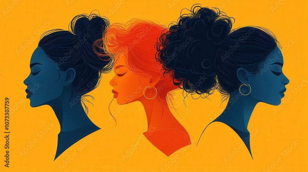 Three women are portrayed in profile, showcasing diverse hairstyles and expressions. Set against a bright yellow background, the women's colors transition from deep blues to vibrant reds, creating a s
