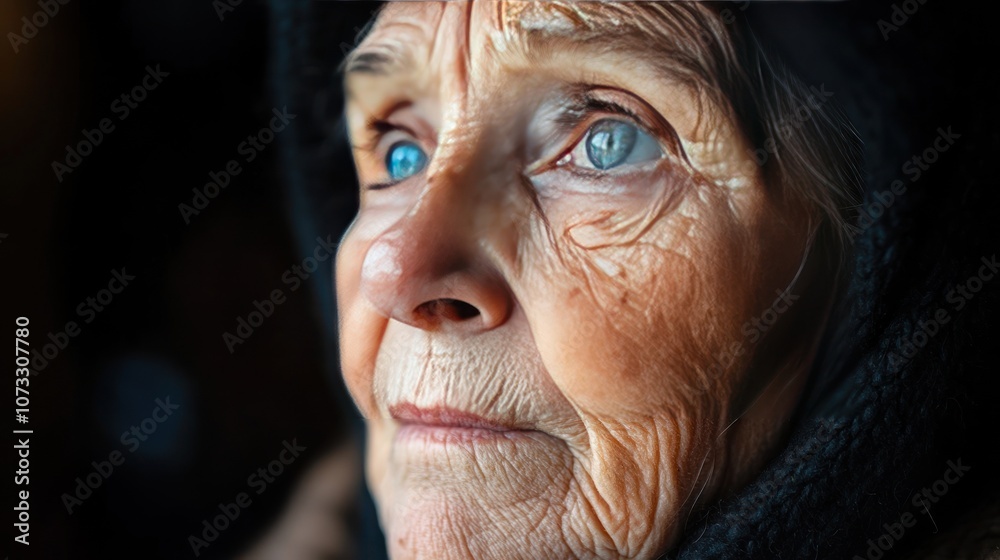 The face of an elderly woman showing deep sadness, eyes full of thoughts and loneliness. The blurred background helps to emphasize the emotion. The face of an elderly woman showing deep sadness, eyes full of thoughts and loneliness. The blurred background helps to emphasize the emotion.