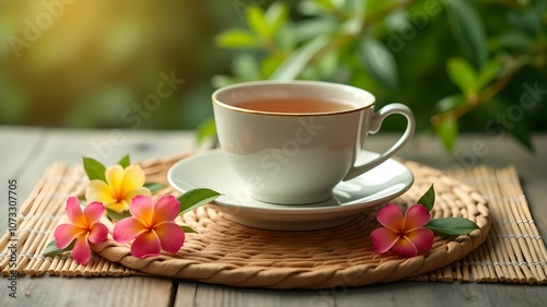 Fresh Tea with Flowers on Bamboo Mat