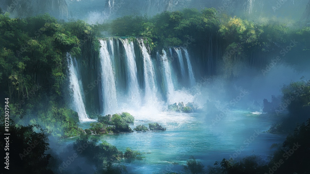 Obraz premium High waterfall plunging into a serene blue lake, surrounded by dense trees and mist adding a dreamy touch