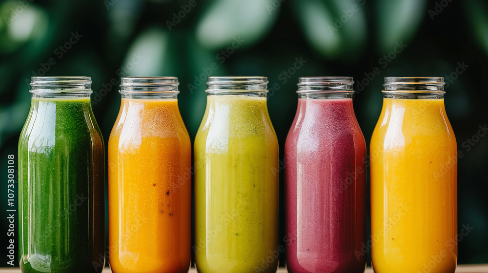 Green, yellow, orange and red smoothie in glass bottles Green, yellow, orange and red smoothie in glass bottles