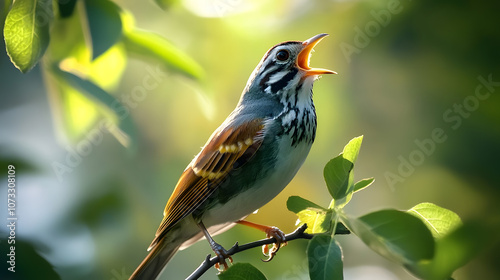 A songbird chirping with its beak open, in a natural setting.