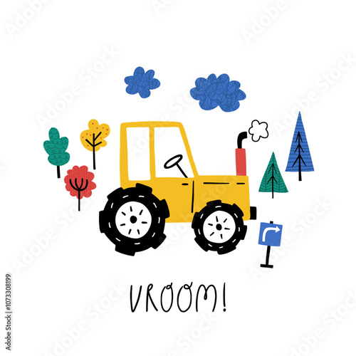 Vroom. Cute cartoon baby boy poster with car tractor in cartoon style. Vector print with cute cars for fabric, textile, postcard, apparel or kids room design.