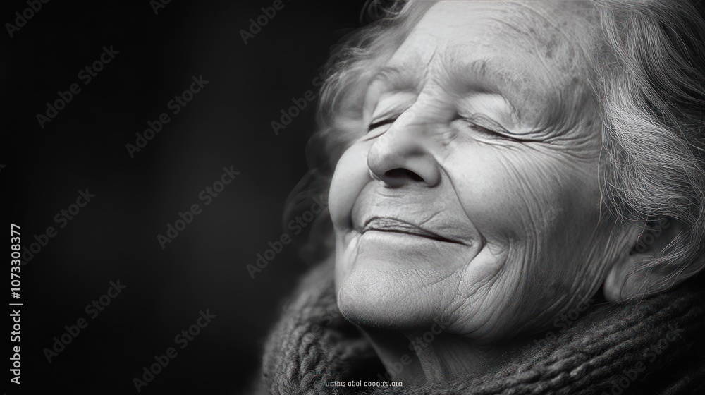 The old woman smiled softly with her eyes closed, her face was calm and contented. The natural light added warmth to the image. The old woman smiled softly with her eyes closed, her face was calm and contented. The natural light added warmth to the image.
