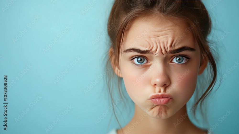 The young girl made a face and wrinkled her eyebrows. As she stared with dissatisfied eyes, her face showed clear disgust. The young girl made a face and wrinkled her eyebrows. As she stared with dissatisfied eyes, her face showed clear disgust.