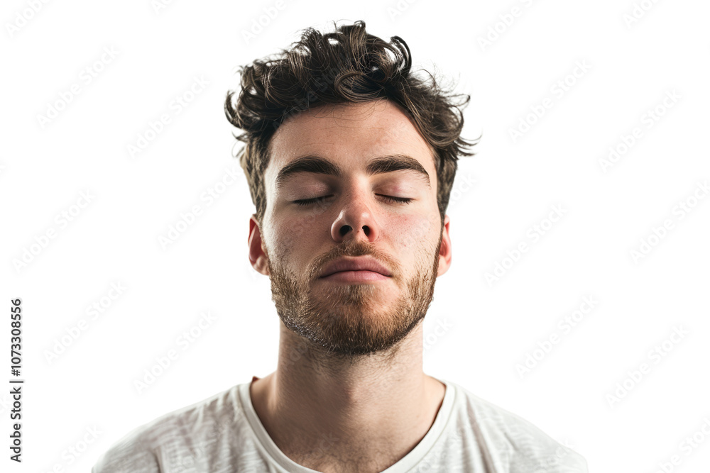 man with eyes closed and a serene expression, depicting mental escape or meditation, on white. man with eyes closed and a serene expression, depicting mental escape or meditation, on white.