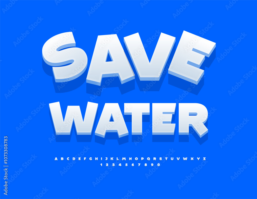 Vector environmental logo Save Water. Unique White 3D Font. Modern Alphabet Letters and Numbers set. Vector environmental logo Save Water. Unique White 3D Font. Modern Alphabet Letters and Numbers set.