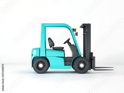 A modern teal forklift with a high lift