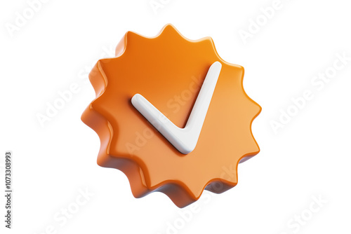 Orange badge element with a white checkmark, isolated on a white background. Clean design concept for approval or certification. 3D Rendering