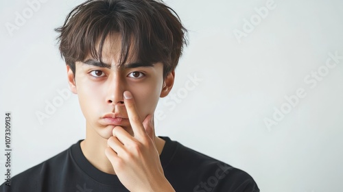 The young man raised his hand to cover his nose while making a face of disgust. His face showed dislike and disgust. The white background emphasized the expression. photo