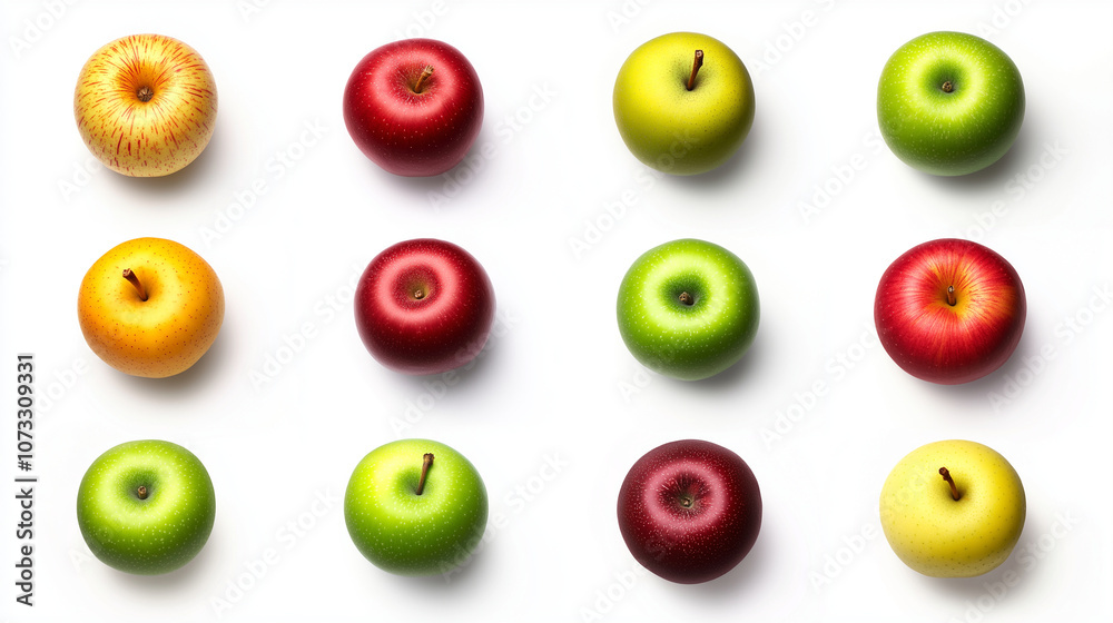 Fototapeta premium set of fresh apples, including red, green, and yellow varieties, arranged neatly on a solid white background. 