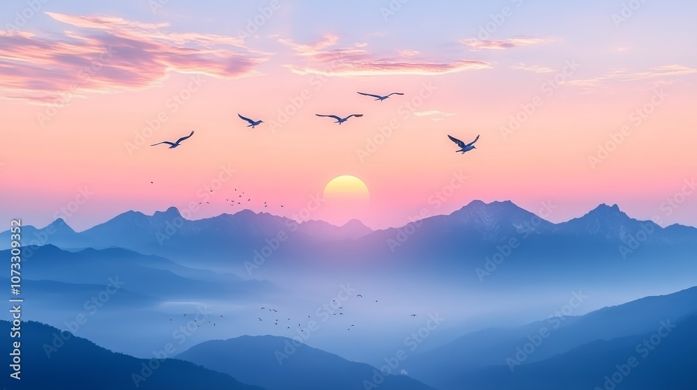 Birds Silhouetted Against a Vibrant Pink Sunset Sky and Mountain Range.Concept of tranquility,peace,end of a day,hope,new beginnings, nature's beauty,travel,dreamlike atmosphere,art and design. Birds Silhouetted Against a Vibrant Pink Sunset Sky and Mountain Range.Concept of tranquility,peace,end of a day,hope,new beginnings, nature's beauty,travel,dreamlike atmosphere,art and design.