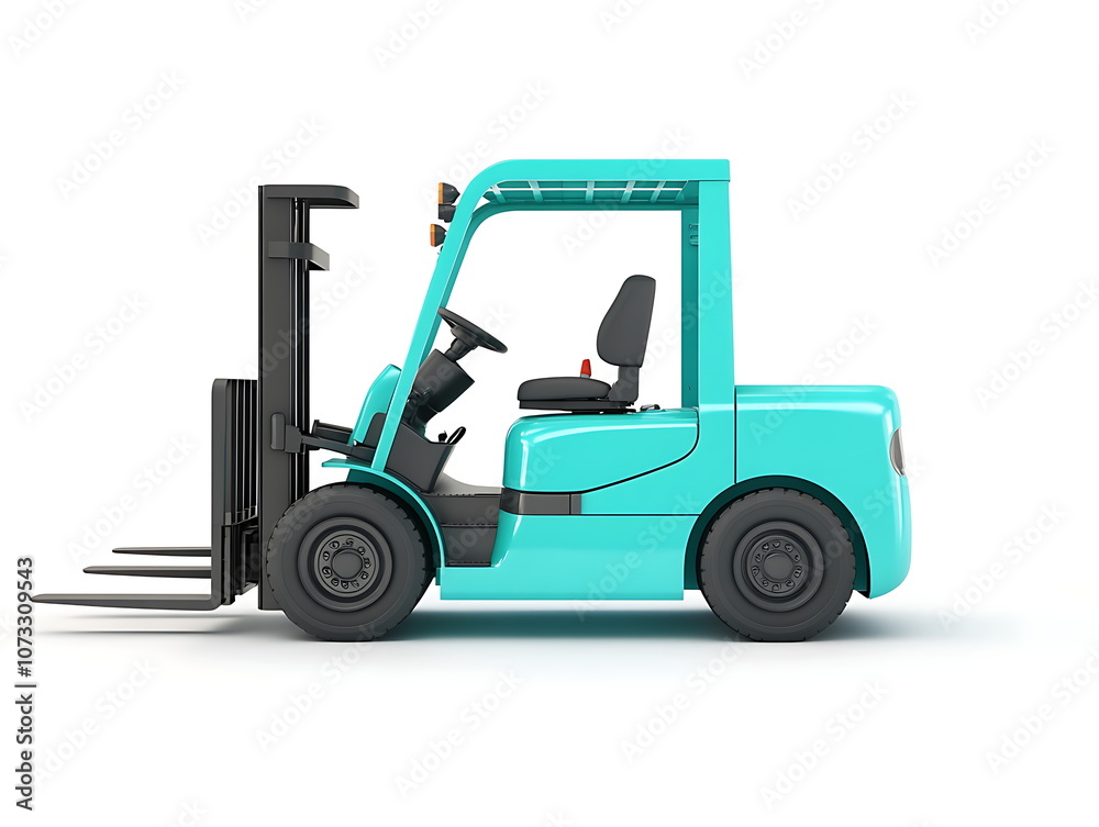 A modern teal forklift with a high lift A modern teal forklift with a high lift