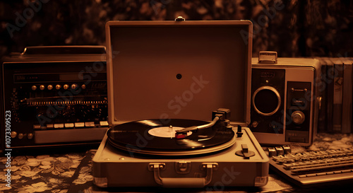 dj turntable playing with record old music record player 1980's music instruments