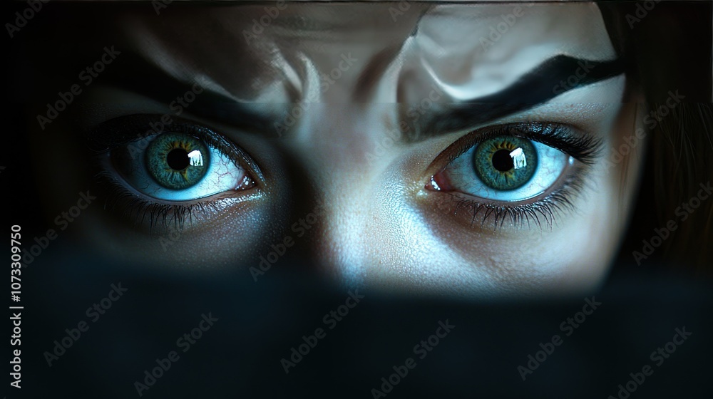 The young woman's eyes widened and her mouth opened in shock. Her face showed obvious fear. The light from below created a terrifying shadow. The young woman's eyes widened and her mouth opened in shock. Her face showed obvious fear. The light from below created a terrifying shadow.