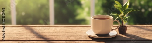 A cozy scene featuring a cup of tea and a small plant on a wooden table.