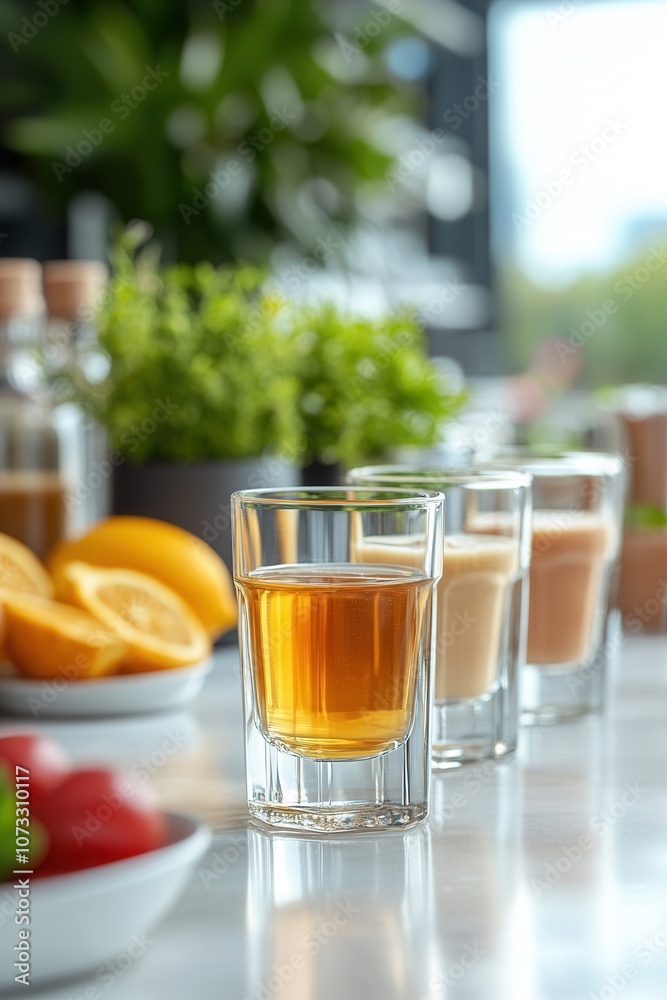 A trio of drinks sits neatly on a countertop, showcasing vibrant colors. In the background, fresh ingredients like oranges and herbs add a refreshing touch. The bright atmosphere enhances the inviting A trio of drinks sits neatly on a countertop, showcasing vibrant colors. In the background, fresh ingredients like oranges and herbs add a refreshing touch. The bright atmosphere enhances the inviting