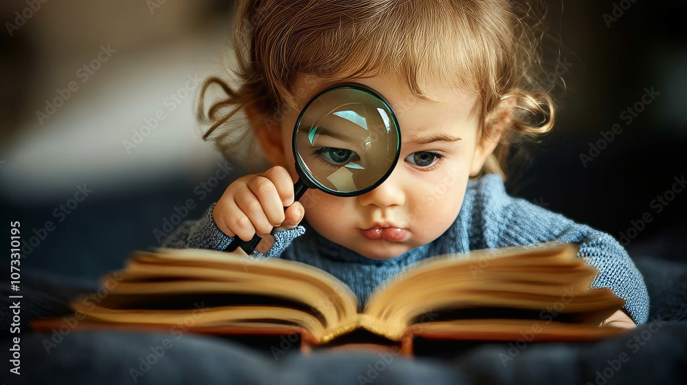 A Young Scholar: A Child Lost in the World of Books with a Magnifying Glass.Concept of focus, concentration,curiosity,learning,and exploration,Education,child development,nearsightedness,vision care. A Young Scholar: A Child Lost in the World of Books with a Magnifying Glass.Concept of focus, concentration,curiosity,learning,and exploration,Education,child development,nearsightedness,vision care.
