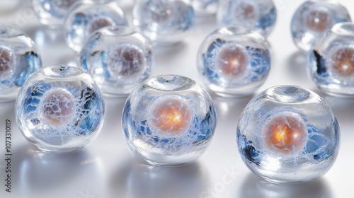 Wallpaper Mural Transparent spheres with vibrant inner colors, resembling miniature planets or scientific models, arranged closely on a reflective surface. Torontodigital.ca