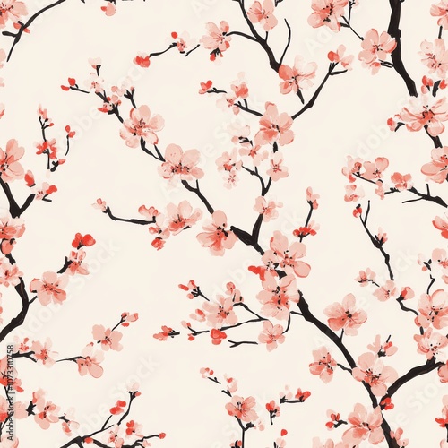 Vintage Spring cherry blossom pattern on vintage beige fabric background, seamless repeating pattern, textile print style, minimal, Spring design, seamless cherry blossom pattern, home decor, textiles