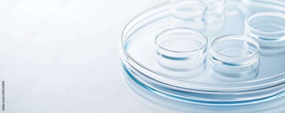 A clear petri dish featuring several small circular containers, set on a smooth, light background ideal for scientific research. A clear petri dish featuring several small circular containers, set on a smooth, light background ideal for scientific research.