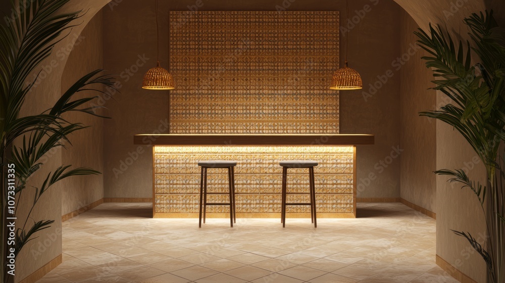 Modern Spanish Flair in Sophisticated Home Bar with Wooden Countertop and Decorative Tiles | Ultra-Detailed Interior Design Modern Spanish Flair in Sophisticated Home Bar with Wooden Countertop and Decorative Tiles | Ultra-Detailed Interior Design