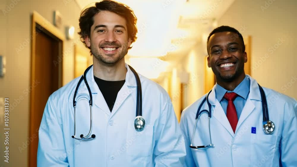 Two cheerful doctors in lab coats, smiling warmly in a hospital setting, representing healthcare and trust. Ideal for medical themes and positive healthcare interactions. Two cheerful doctors in lab coats, smiling warmly in a hospital setting, representing healthcare and trust. Ideal for medical themes and positive healthcare interactions.