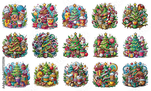 Christmas tree, candy, gift box, and hot cocoa t-shirt design with hand-drawn calligraphy phrase isolated on white background, unique graphic typography element, vector sign.