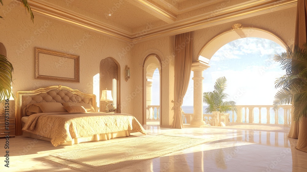 Fototapeta premium Luxurious Modern Spanish Styled Master Bedroom with King-Sized Bed and Private Balcony Overlooking Stunning Views