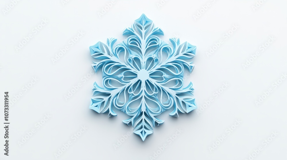 Fototapeta premium Detailed snowflake icon, light blue color for winter season, isolated on white
