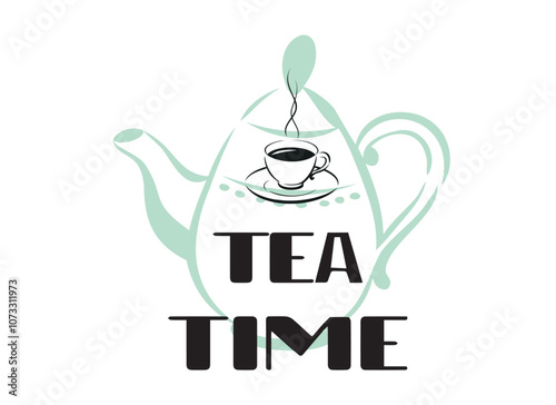Elegant 'Tea Time' Teapot and Cup Illustration for Cozy Beverage Designs