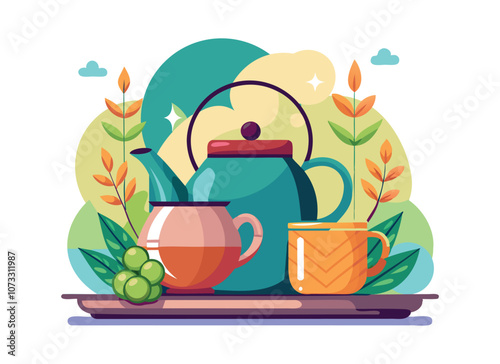 Colorful Teapot and Cups Illustration for Cozy Tea Time and Beverage Designs