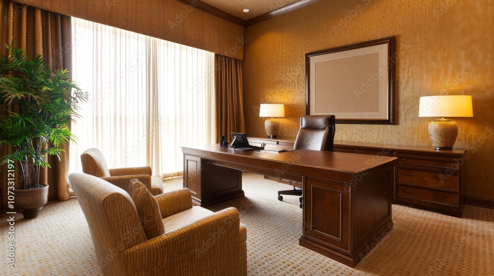 Fototapeta premium Modern Spanish-Inspired Sophisticated Office Space with Creative Decor | Ultra-Detailed Business Interior Design