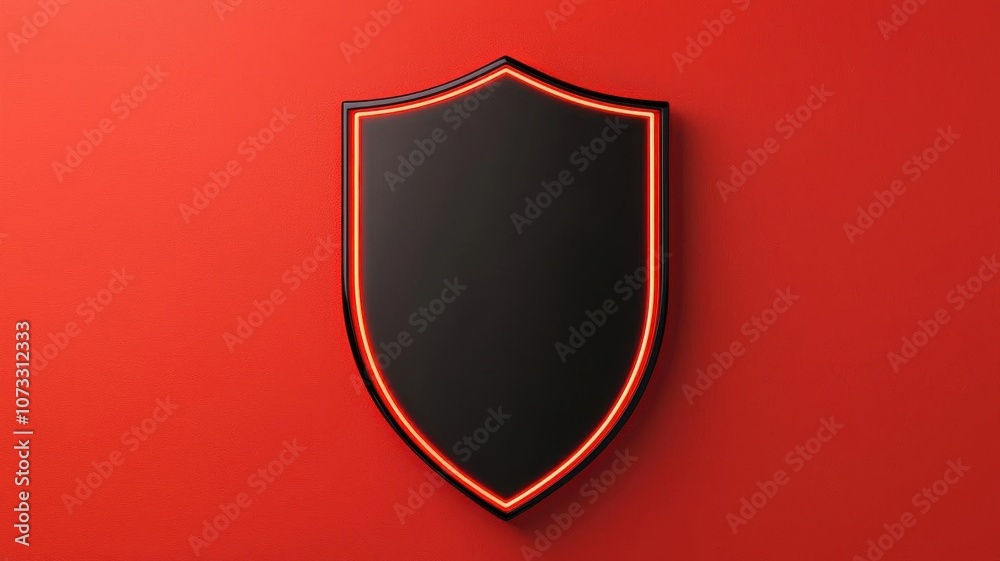 A modern black shield with a neon orange outline against a vibrant red background. A modern black shield with a neon orange outline against a vibrant red background.