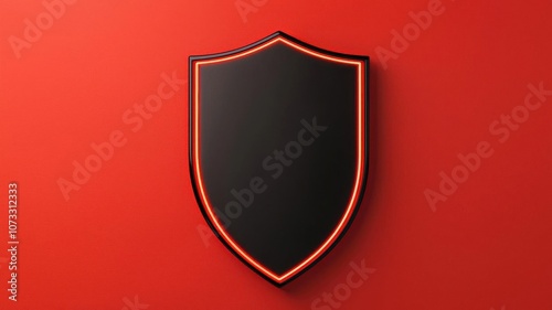 A modern black shield with a neon orange outline against a vibrant red background.
