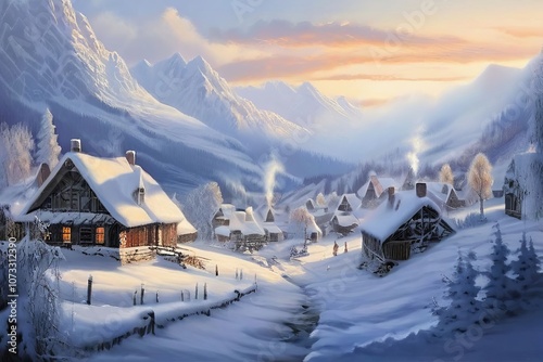 a quiet village nestled in a snowy valley a peaceful village nes photo