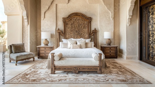 Sumptuous Fusion: Modern & Traditional Spanish Bedroom with Ornate Furniture & Serene Color Palette
